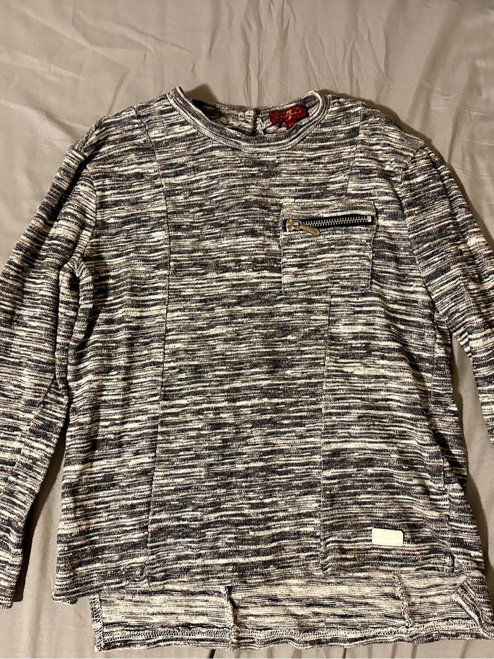 7 For All Mankind Girl’s Knit Crewneck Sweater with Zip Pocket - Gray & White